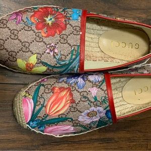 Gucci Floral Monogram Espadrilles with Red Trim
